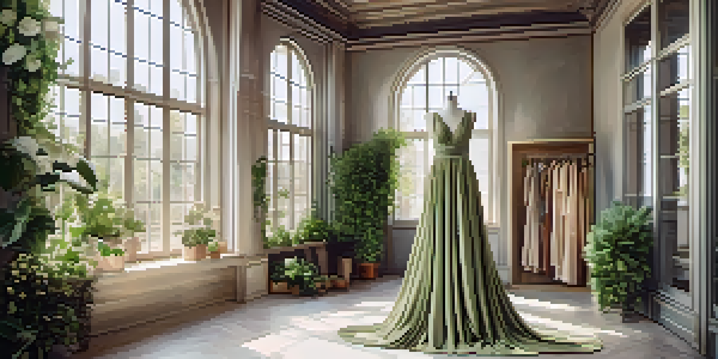 A sustainable fashion studio with an elegant dress made from organic cotton on a vintage mannequin, surrounded by greenery and natural light.