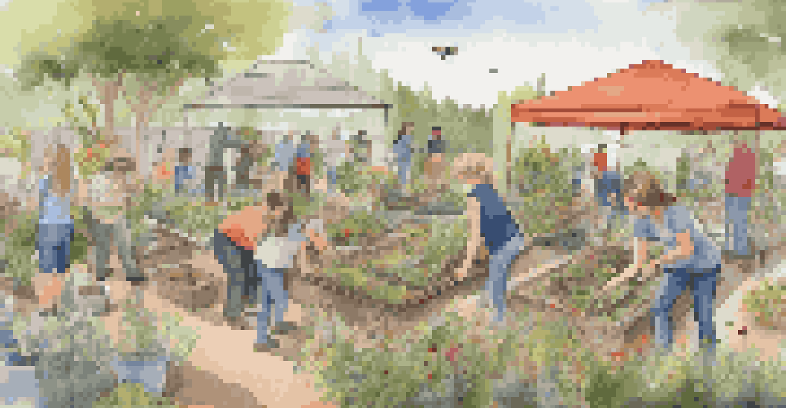 A community gardening event with people planting native flowers, surrounded by a vibrant wildlife garden.