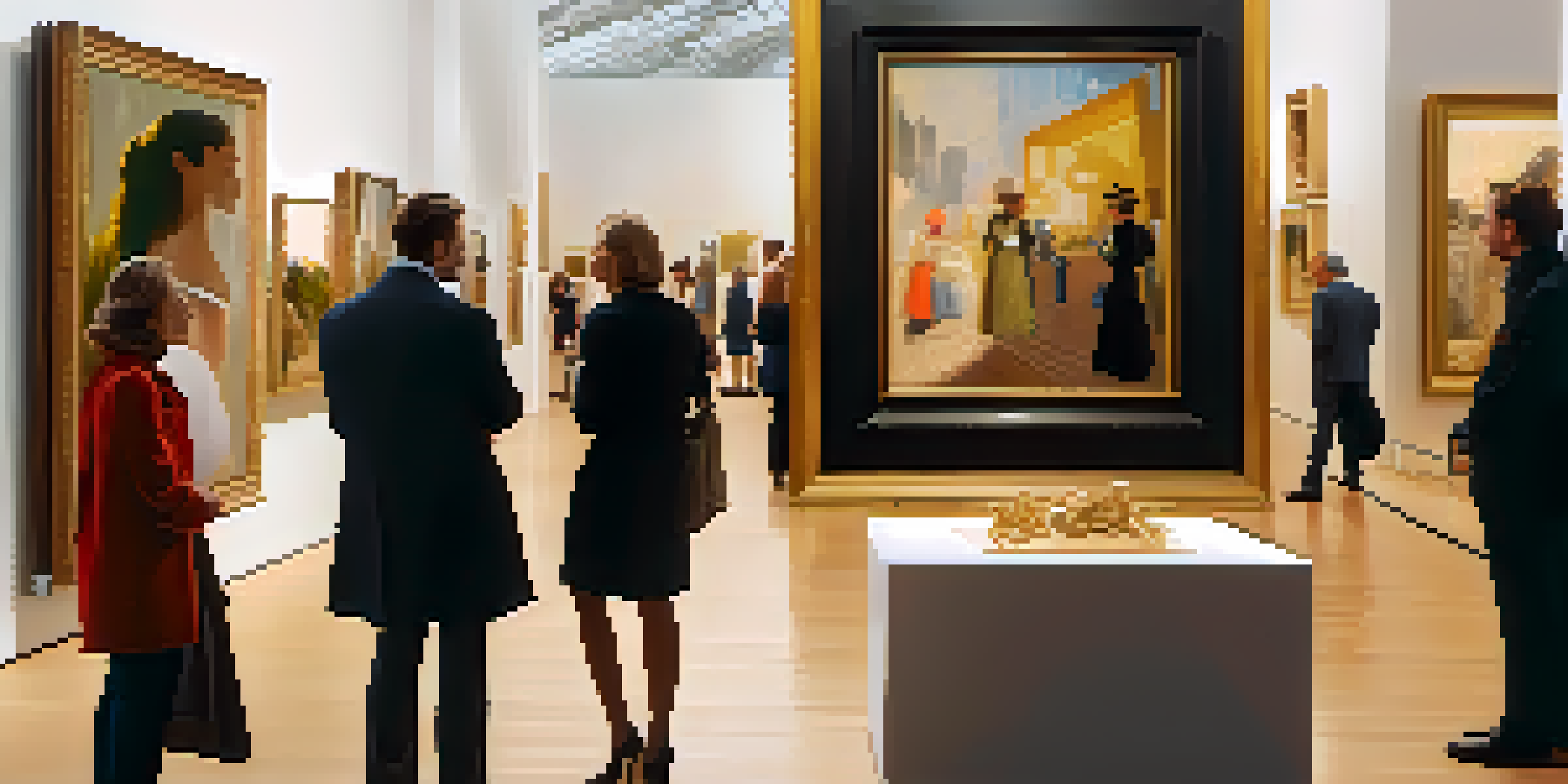 A vibrant luxury art fair with attendees in elegant attire admiring high-value artworks under soft golden lighting.