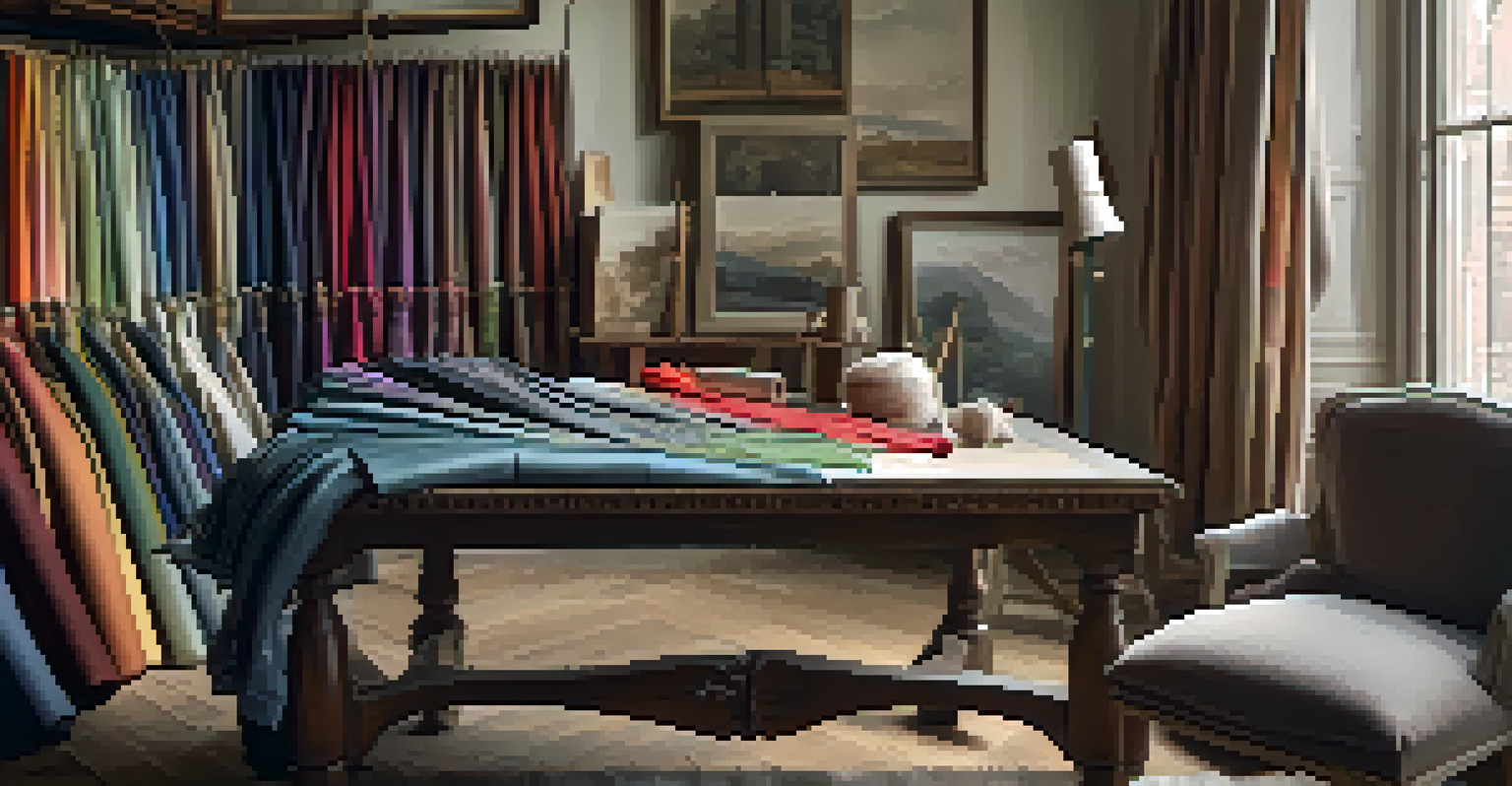 A display of luxurious fabrics like silk and linen on a wooden table in a tailor's studio.