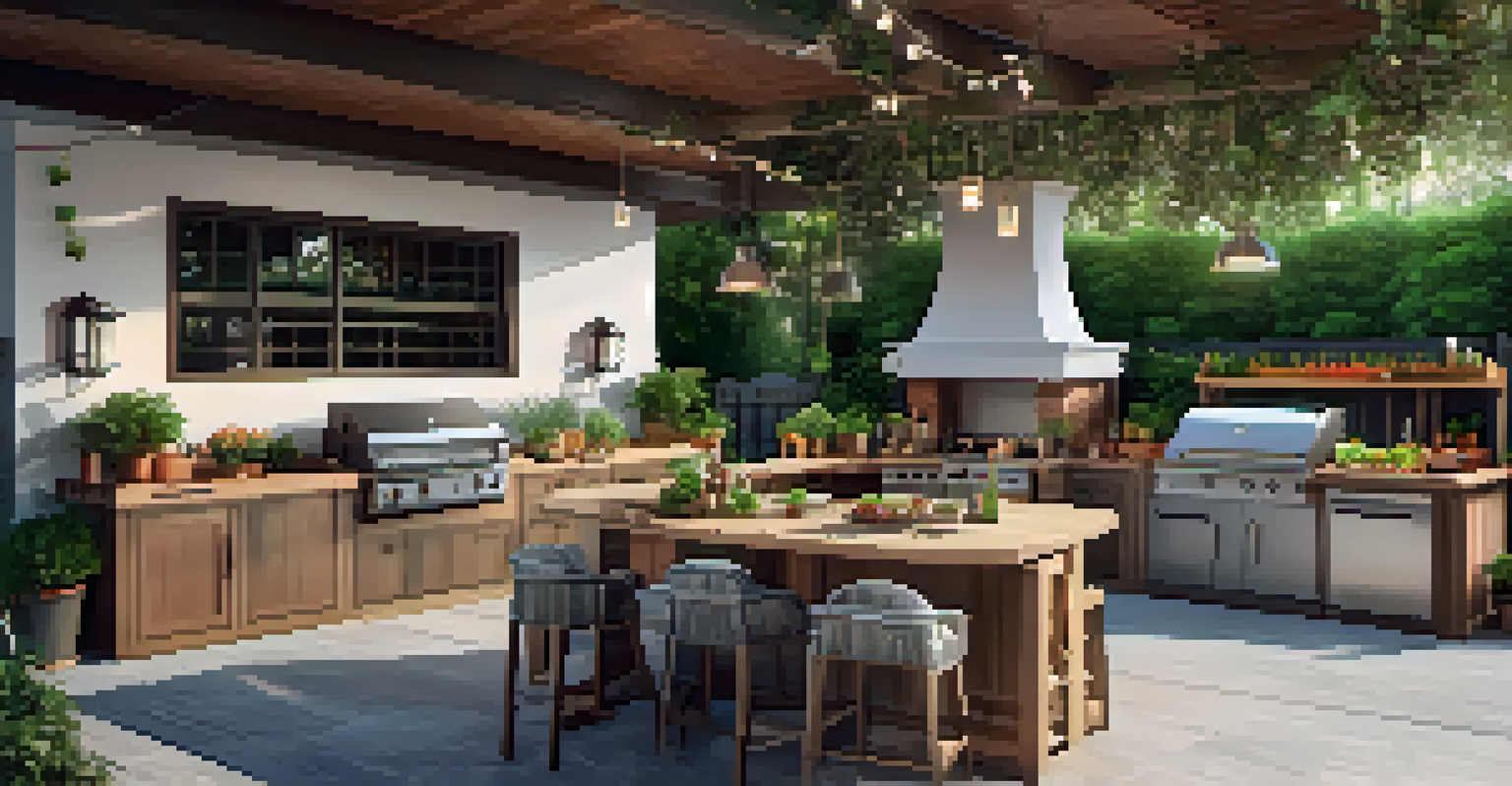 A functional outdoor kitchen with a grill and herbs, designed for entertaining guests during summer.