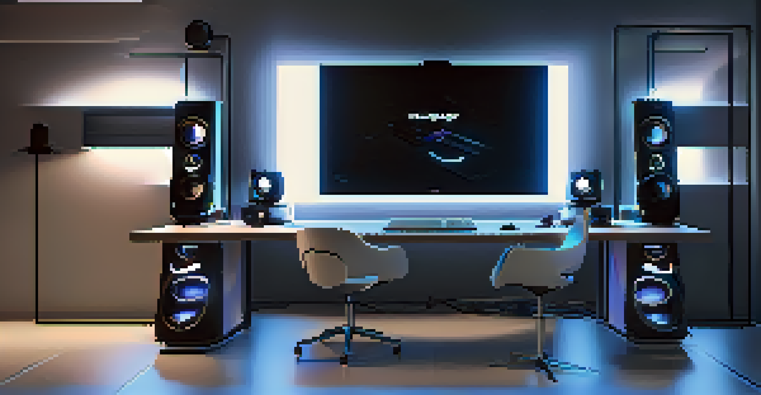 A futuristic home office setup with a state-of-the-art audio system and virtual reality components in a dimly lit room.