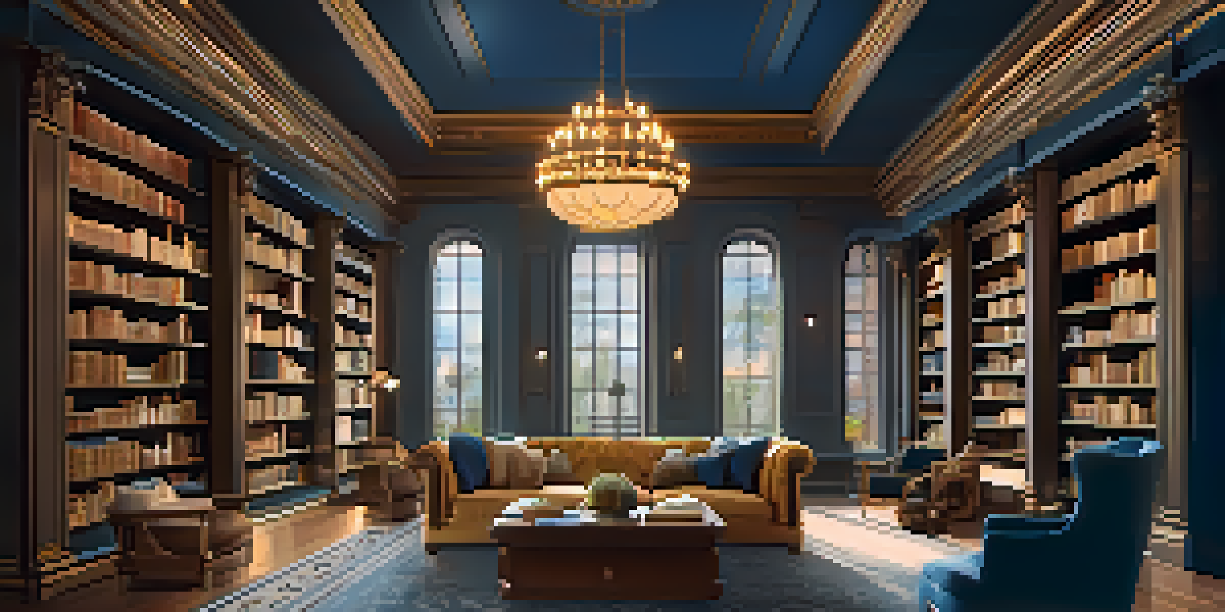 A luxurious library with tall bookshelves, a cozy reading nook, and soft natural light streaming through large windows.