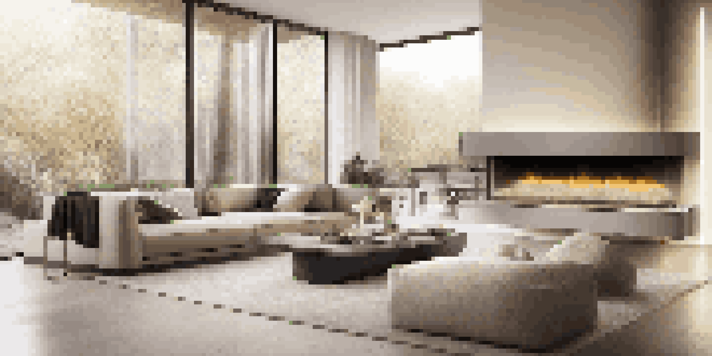 A modern living room with a stylish bioethanol fireplace, minimalist furniture, and large windows showcasing an outdoor view.