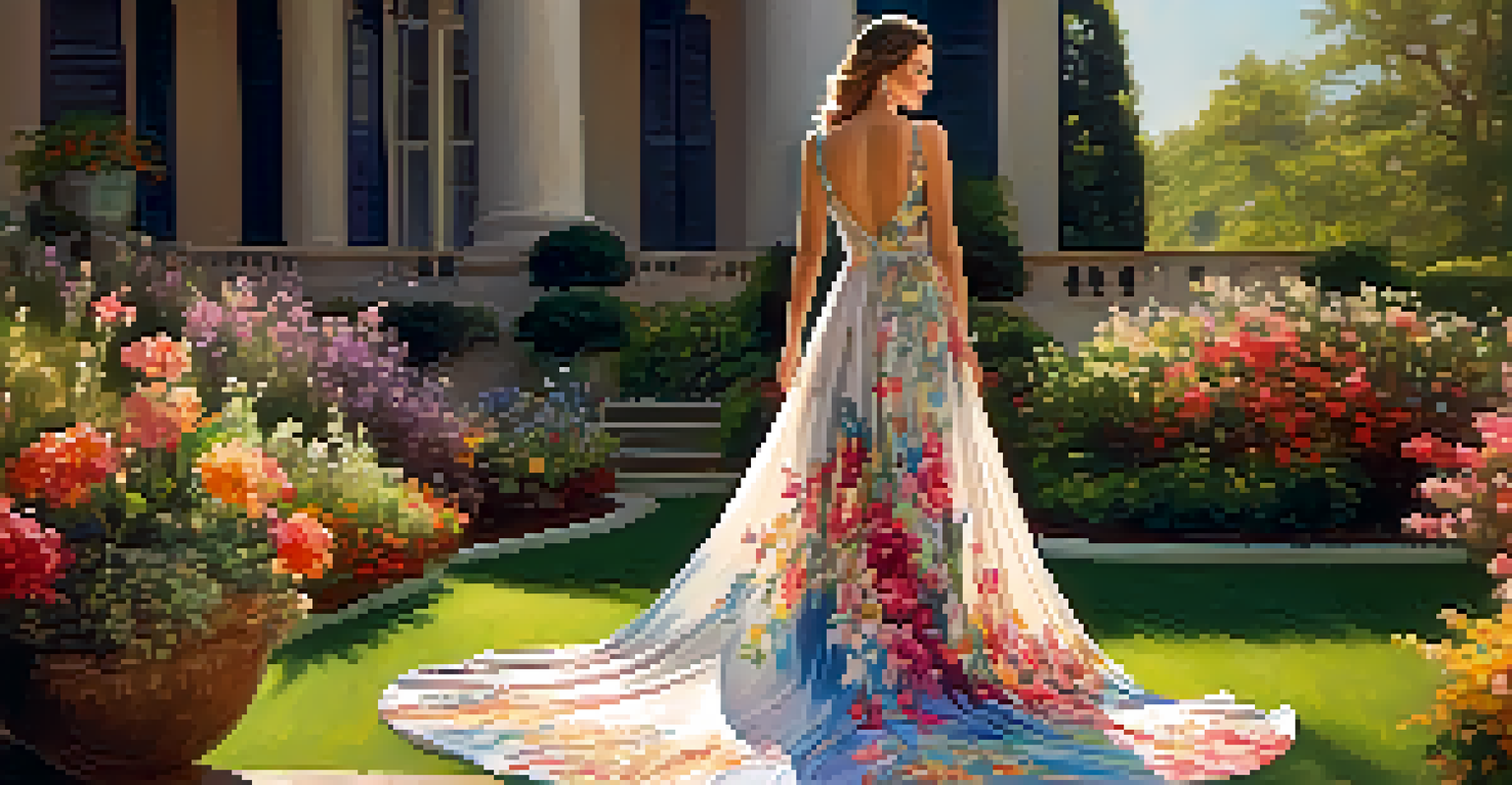 An elegant model in a flowing luxury dress in a sunlit garden, surrounded by colorful flowers, showcasing intricate craftsmanship.