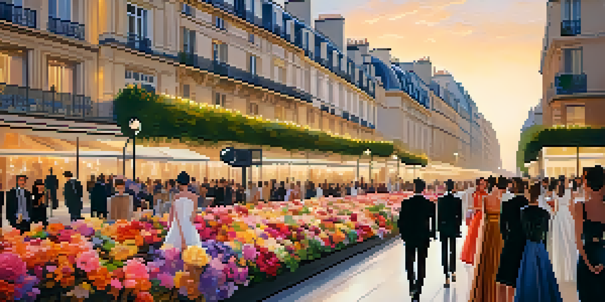 A lively runway scene in Paris with models on a catwalk surrounded by flowers and an audience taking photos.