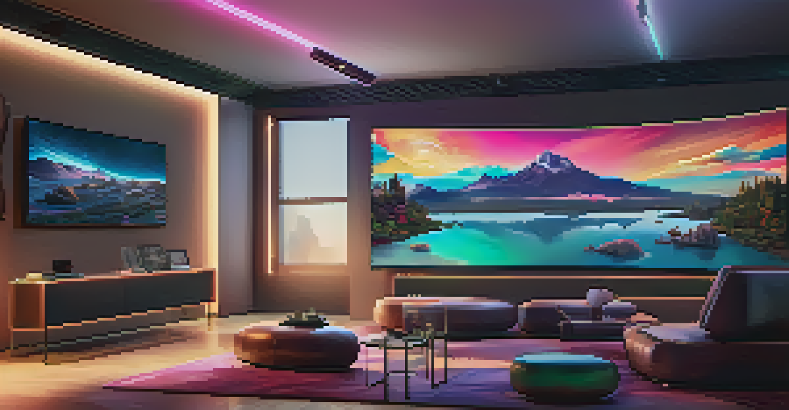 A person using a VR headset in a stylish room with a large screen showing a scenic virtual world.