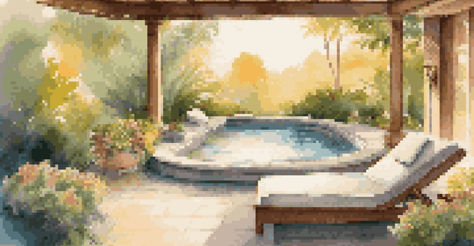 A peaceful outdoor spa area at a luxury wellness retreat, with flowing water and lush greenery, illuminated by warm golden hour sunlight.