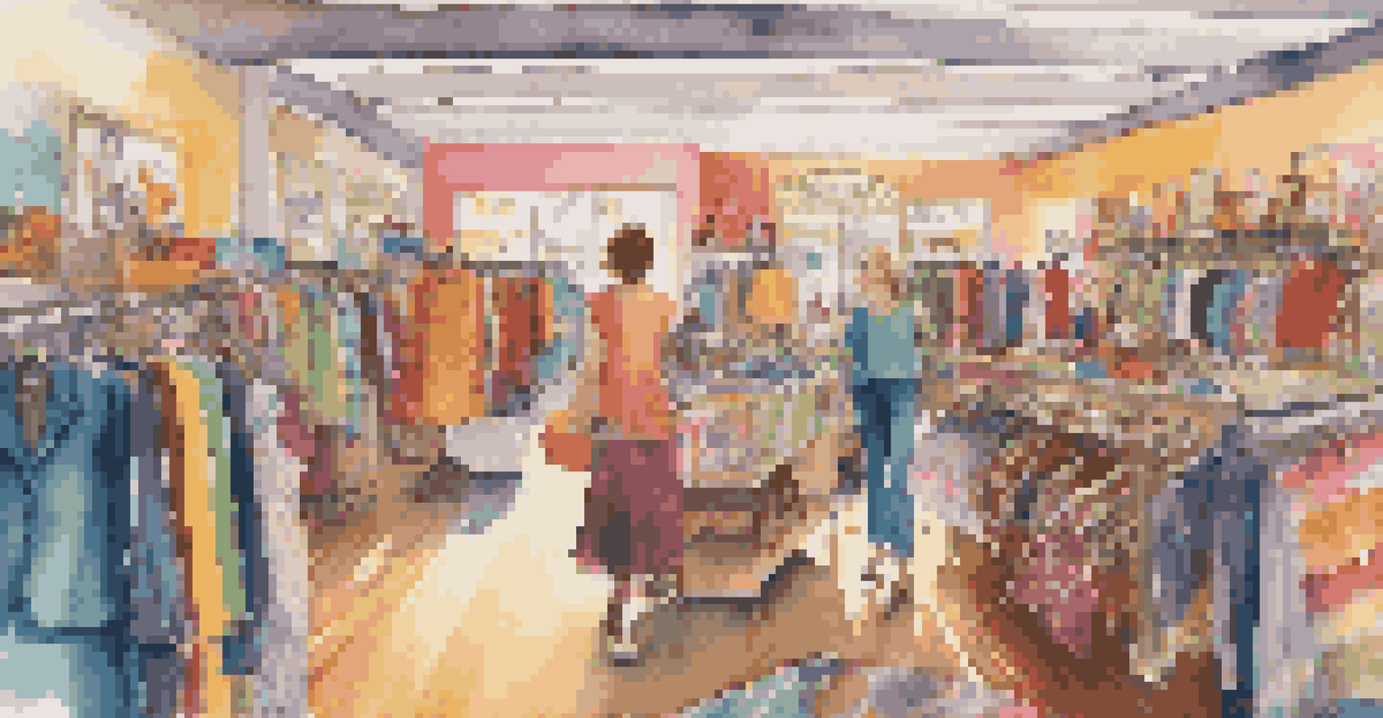 A shopper in a vibrant thrift store, surrounded by unique vintage clothing and accessories, showcasing the excitement of treasure hunting.