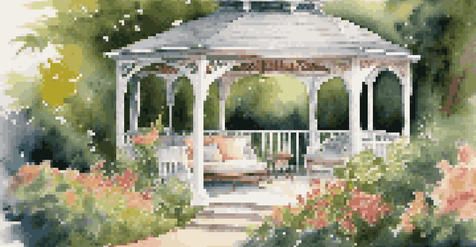 An elegant gazebo surrounded by flowers and greenery, with sheer curtains and comfortable seating inside, illuminated by soft evening light.