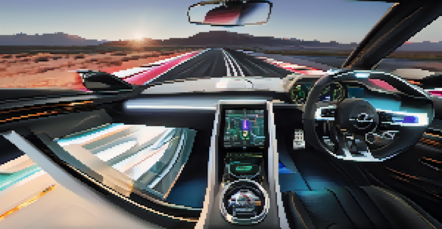 The interior of a luxury sports car with high-tech displays and ambient lighting, focusing on the dashboard and steering wheel.