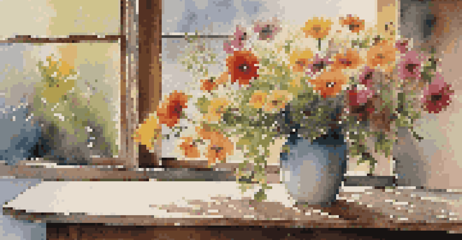 A bouquet of fresh flowers on a rustic wooden table, illuminated by soft late afternoon sunlight.