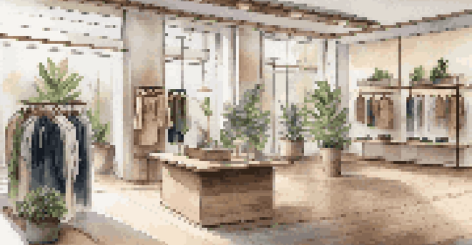 A luxurious boutique interior with sustainable clothing, wooden displays, and natural lighting.