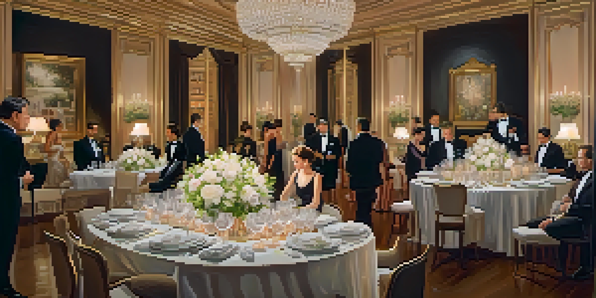 A lavish private gala with guests in formal wear, surrounded by elegant decorations and fine dining.