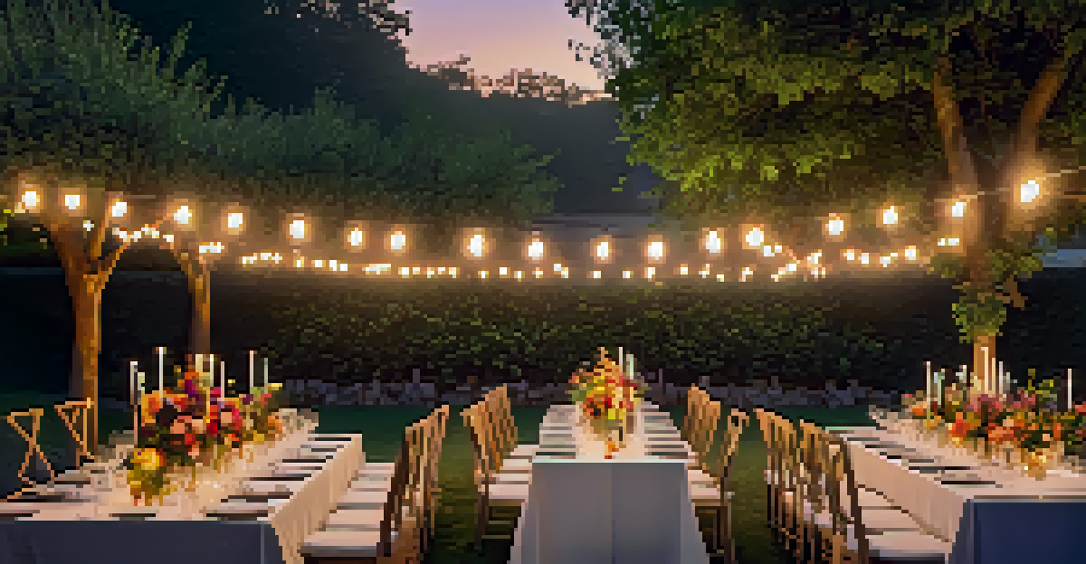 A beautifully set outdoor banquet table in a garden for a luxury event, decorated with flowers and fairy lights during sunset.