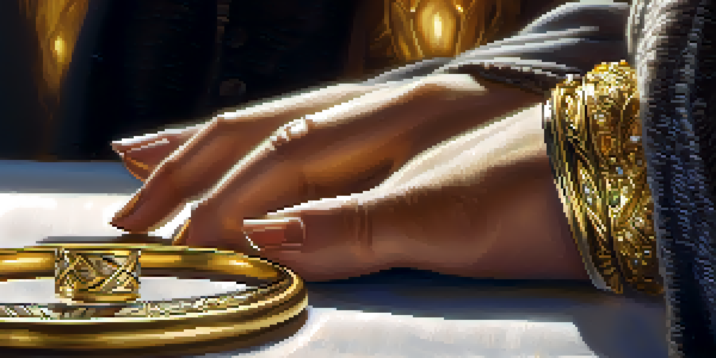 An artisan's hands engraving a gold ring, with soft lighting highlighting the intricate details and gemstones.