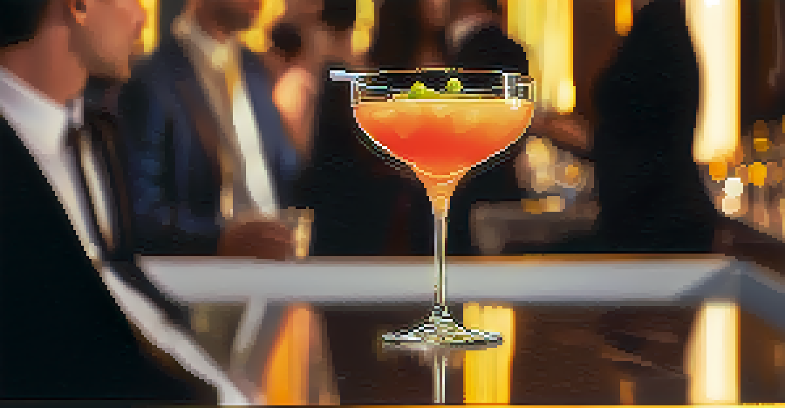 A stylish cocktail garnished and placed on a marble table, with blurred silhouettes of people in the background.