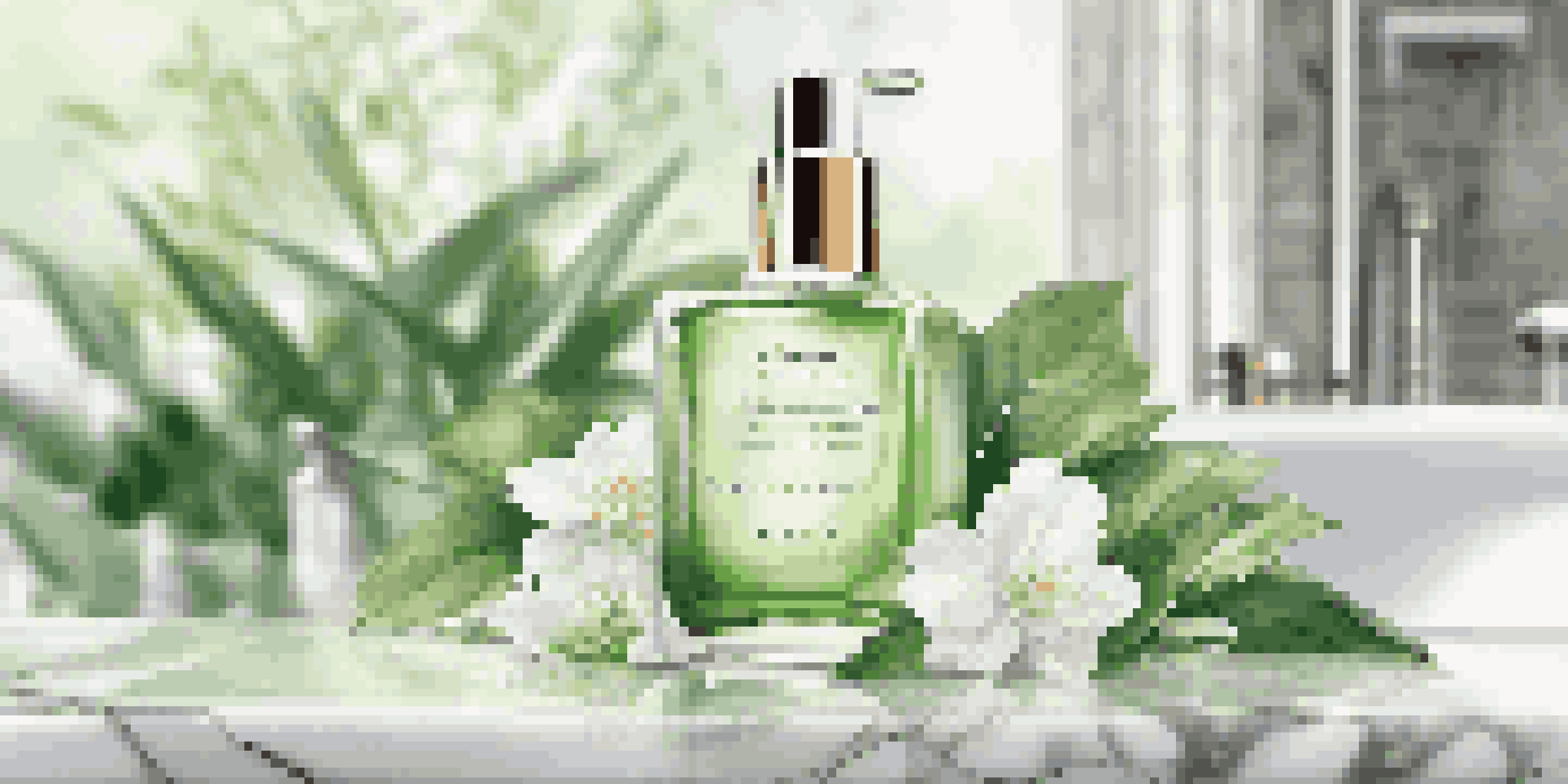 An elegant skincare serum bottle surrounded by green leaves and white flowers in a softly lit bathroom.