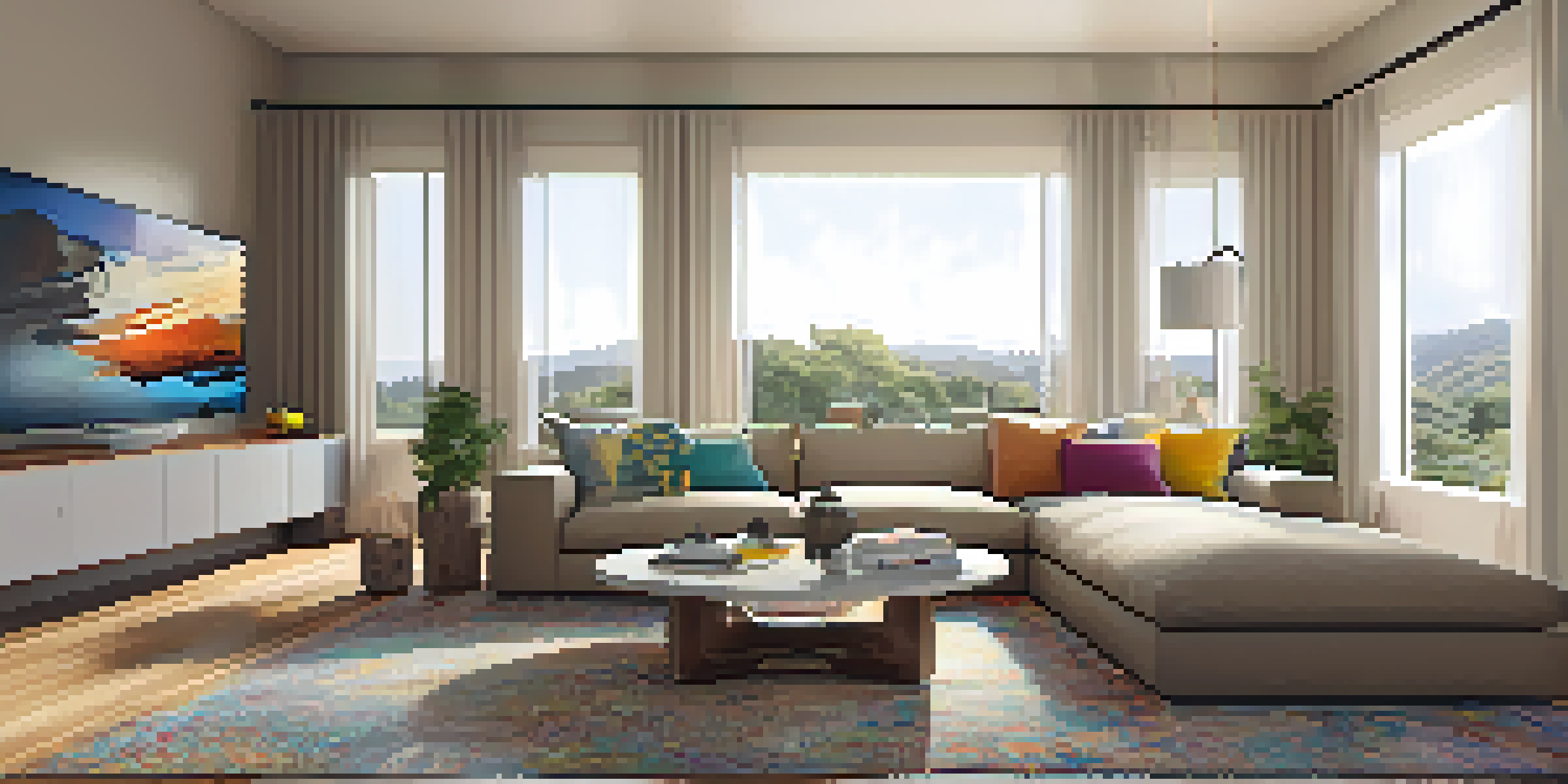 A cozy living room with a beige sectional sofa, colorful pillows, a wooden media console, and soft lighting.