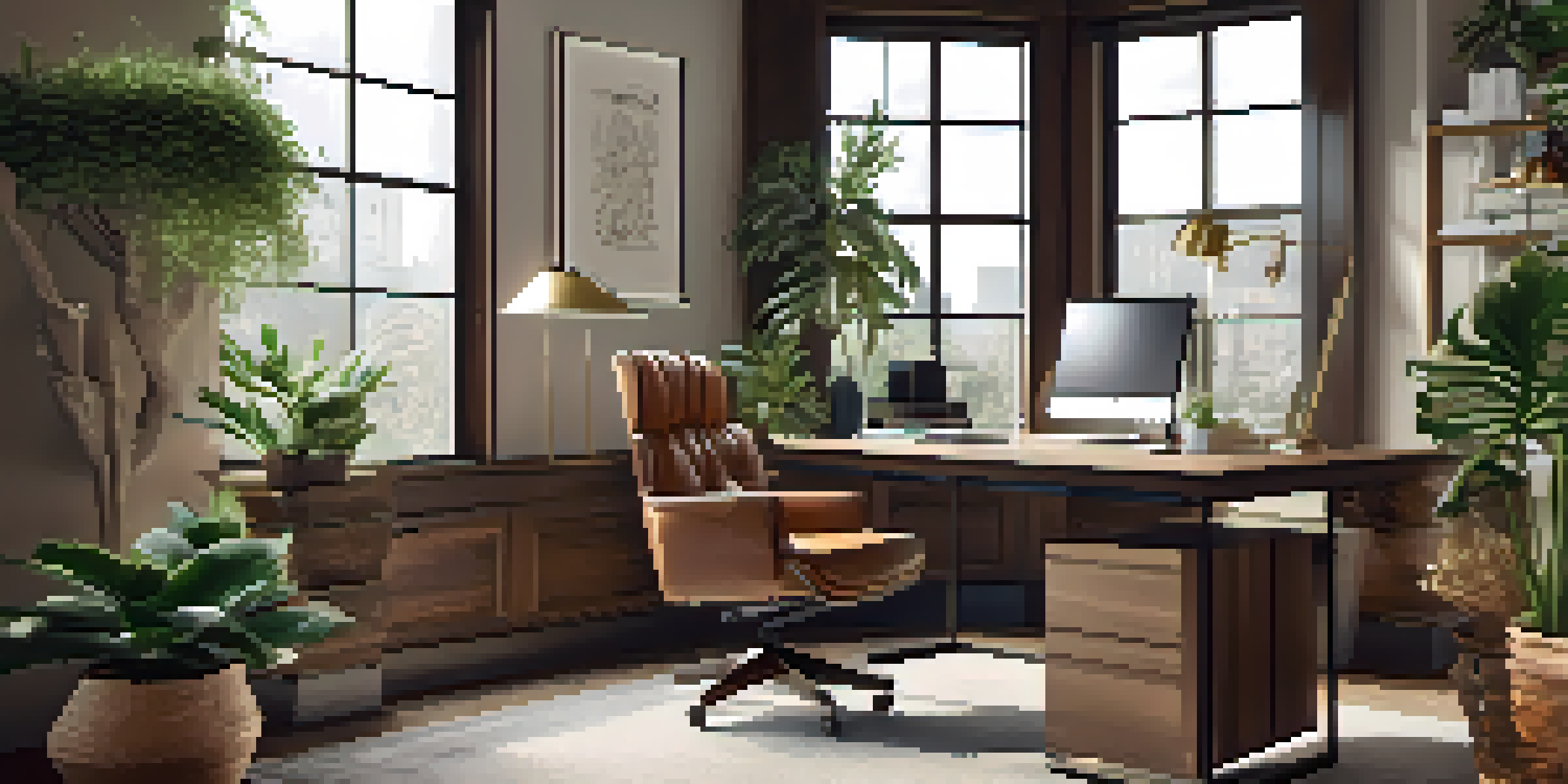 A stylish home office with a reclaimed wood desk, plants, and warm artwork, illuminated by natural light from large windows.