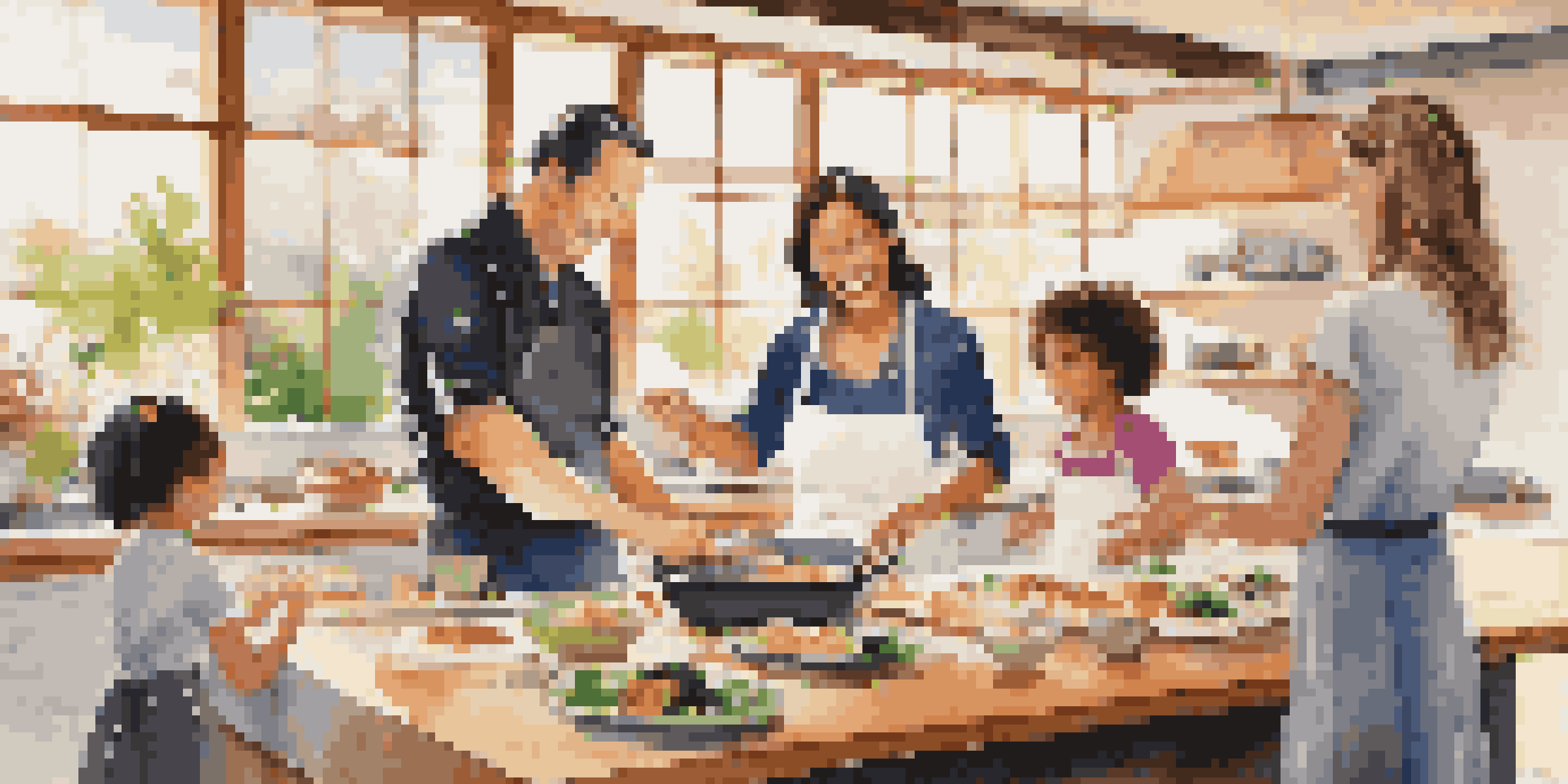 A family participating in a cooking class, with children making sushi and parents watching happily in a bright kitchen.