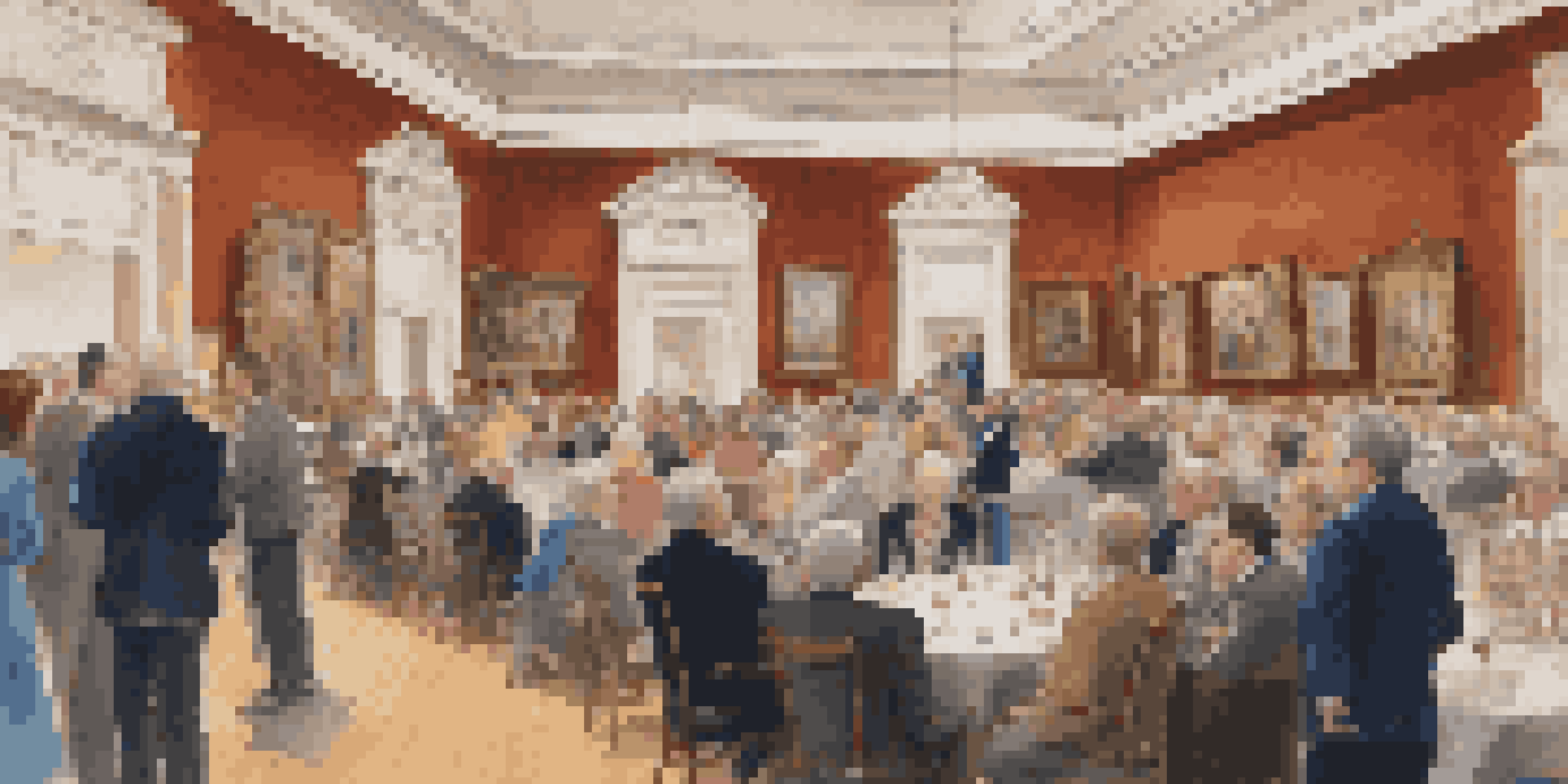 A diverse crowd of art collectors inside a grand auction house, examining contemporary artworks with an auctioneer at the front.