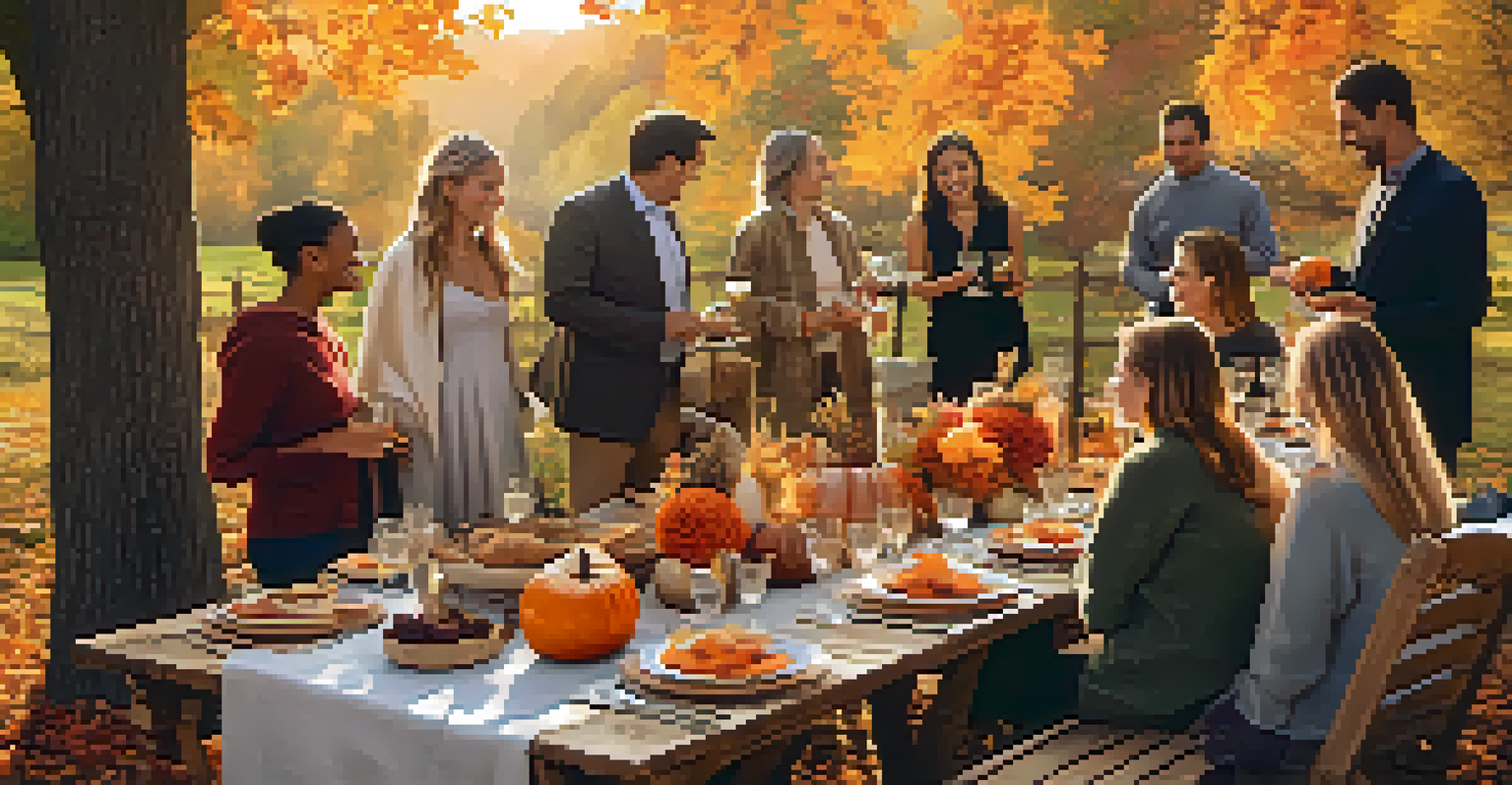 An autumn gathering with a rustic table decorated with pumpkins and colorful leaves, surrounded by guests enjoying wine and cheese.