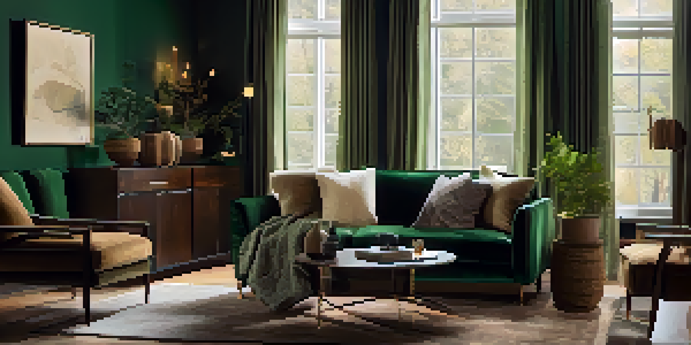 A warm and inviting living room featuring a green velvet sofa with linen cushions, layered rugs, and natural light coming through a large window.