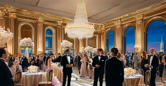 A grand ballroom filled with elegantly dressed people networking, with crystal chandeliers and a cityscape view at twilight.