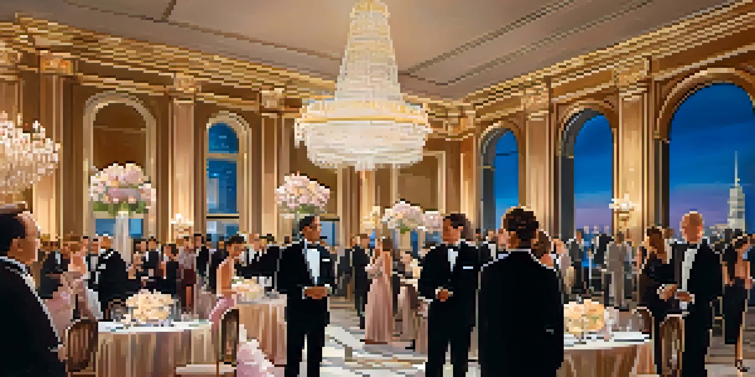 A grand ballroom filled with elegantly dressed people networking, with crystal chandeliers and a cityscape view at twilight.