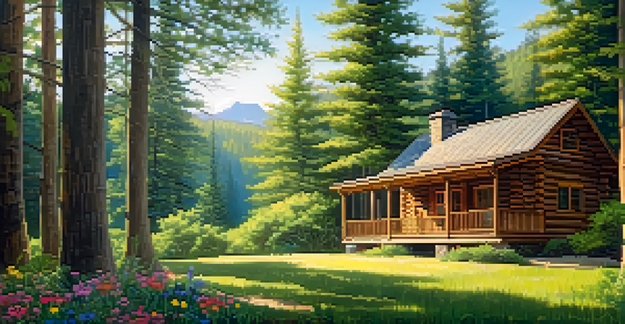 A peaceful wellness retreat with a wooden cabin in a green forest, featuring a yoga mat on the porch.