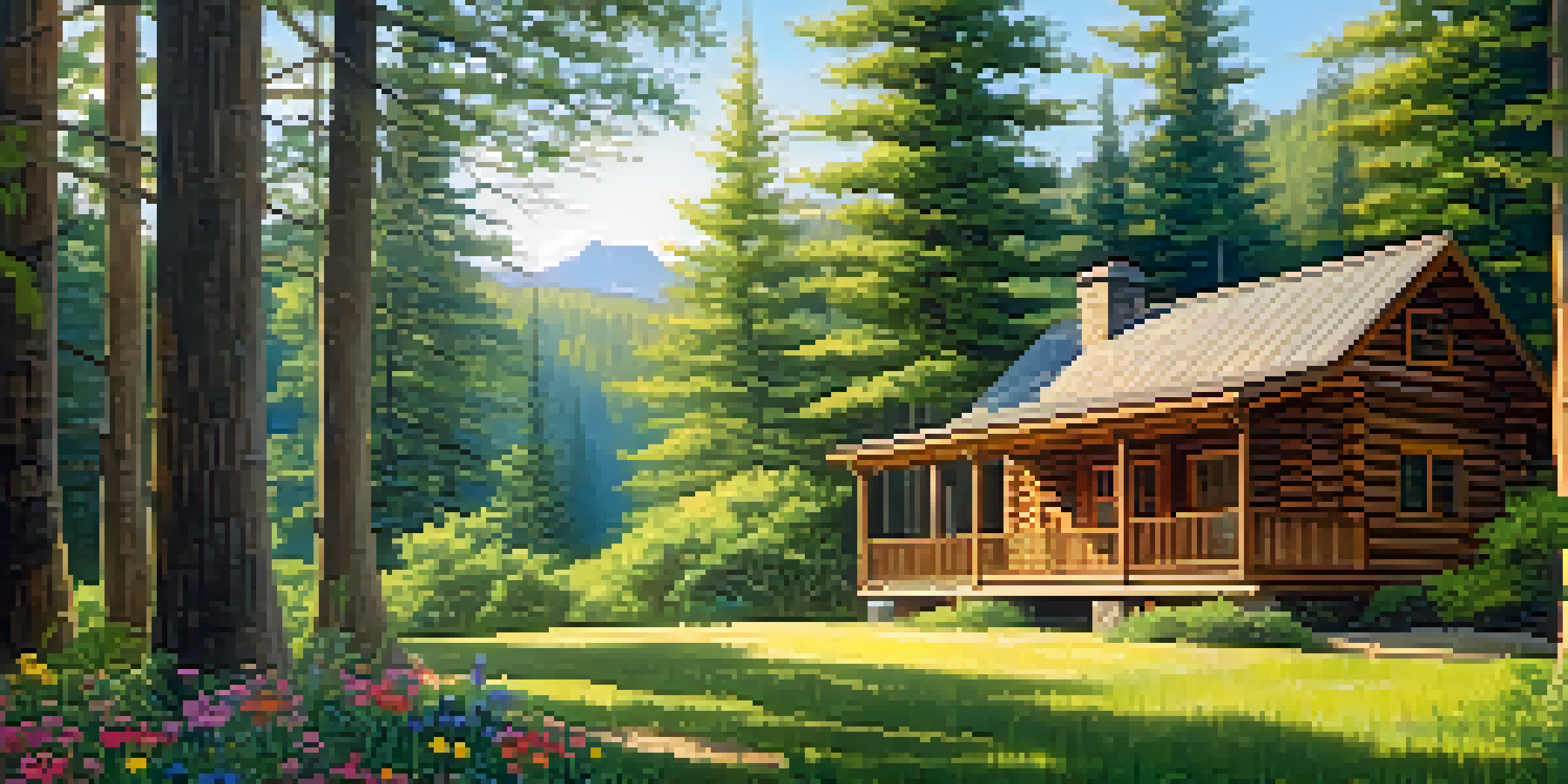 A peaceful wellness retreat with a wooden cabin in a green forest, featuring a yoga mat on the porch.