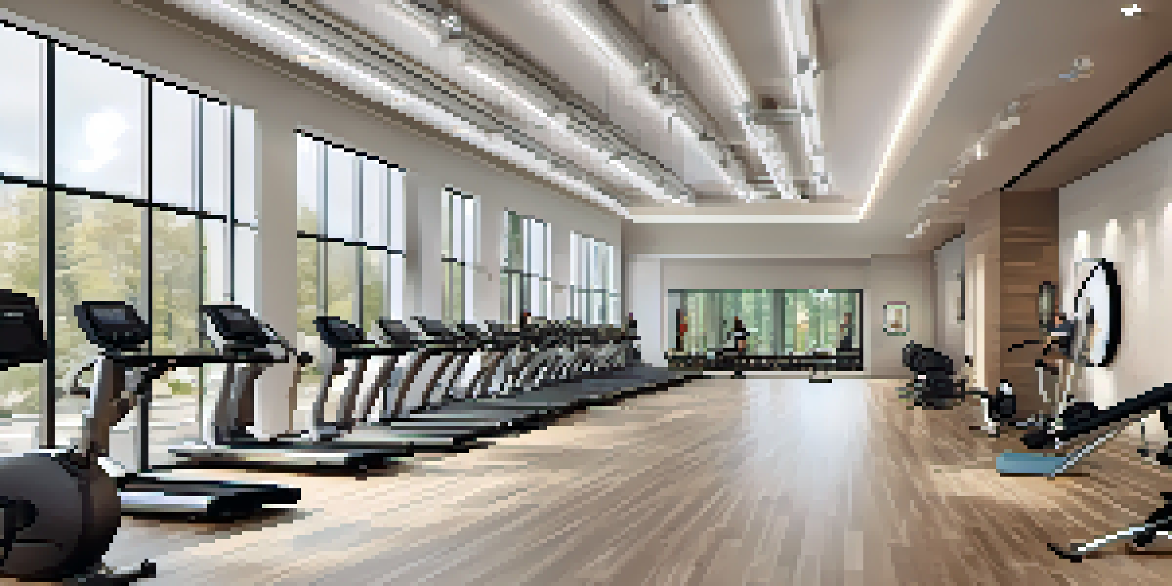 An elegant fitness studio with modern decor, featuring people participating in a group workout.