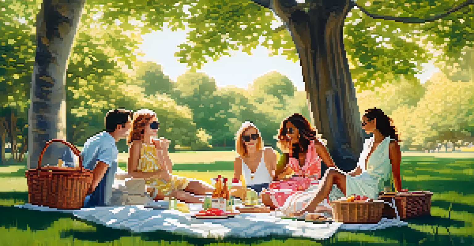 Friends having a picnic outdoors in rented luxury outfits, surrounded by nature and colorful accessories.