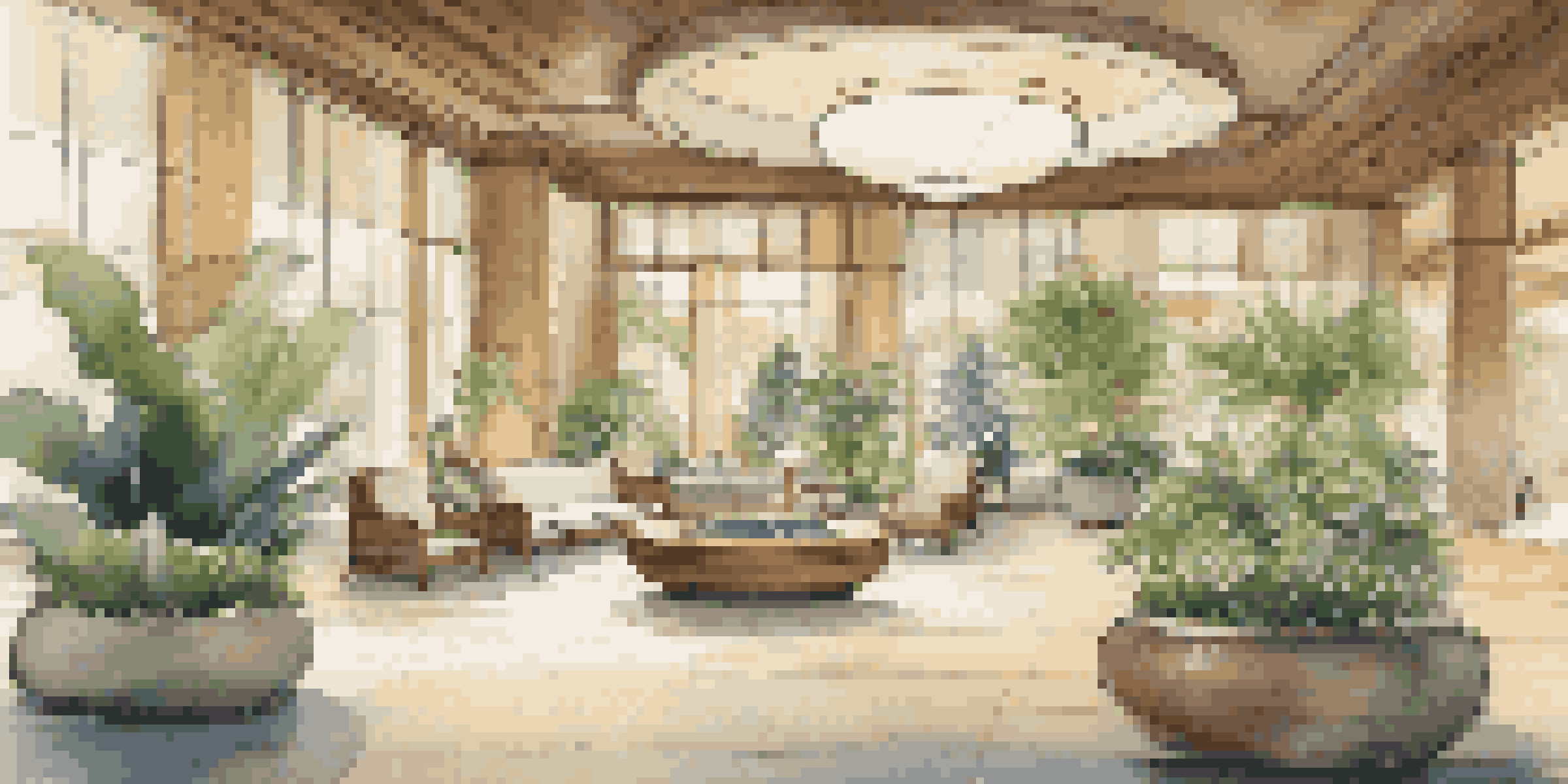 A luxury hotel lobby with natural materials, soft lighting, and indoor plants, creating a calming atmosphere with guests engaged in mindful activities.