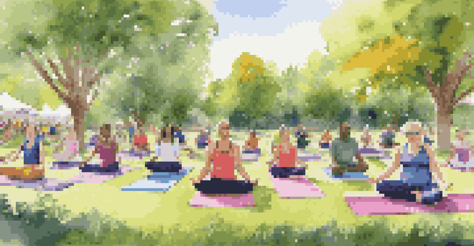 A vibrant outdoor community wellness event with individuals participating in a yoga class on colorful mats.