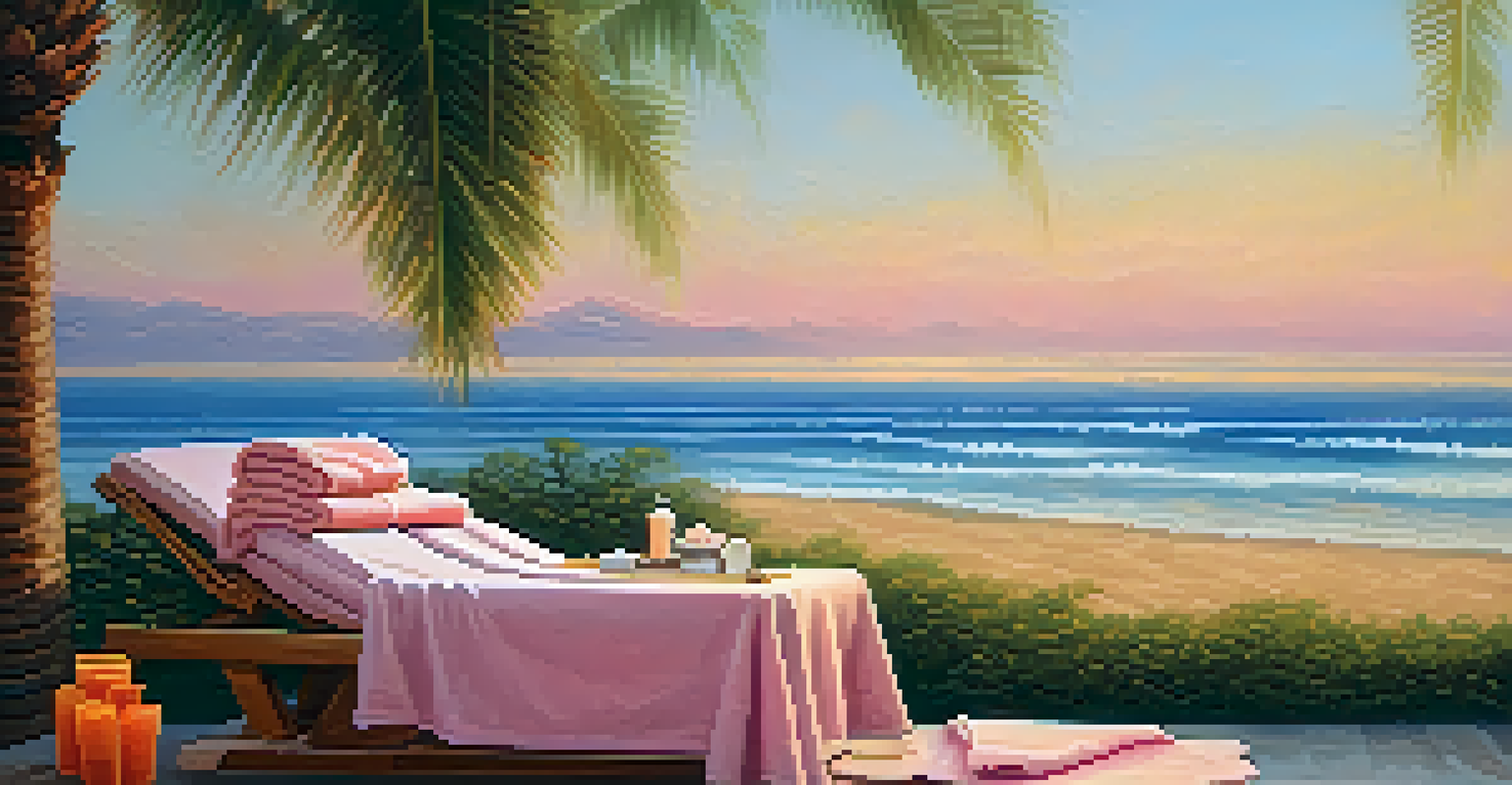 An outdoor spa at the beach with a massage table under a palm tree and the ocean in the background during sunset.