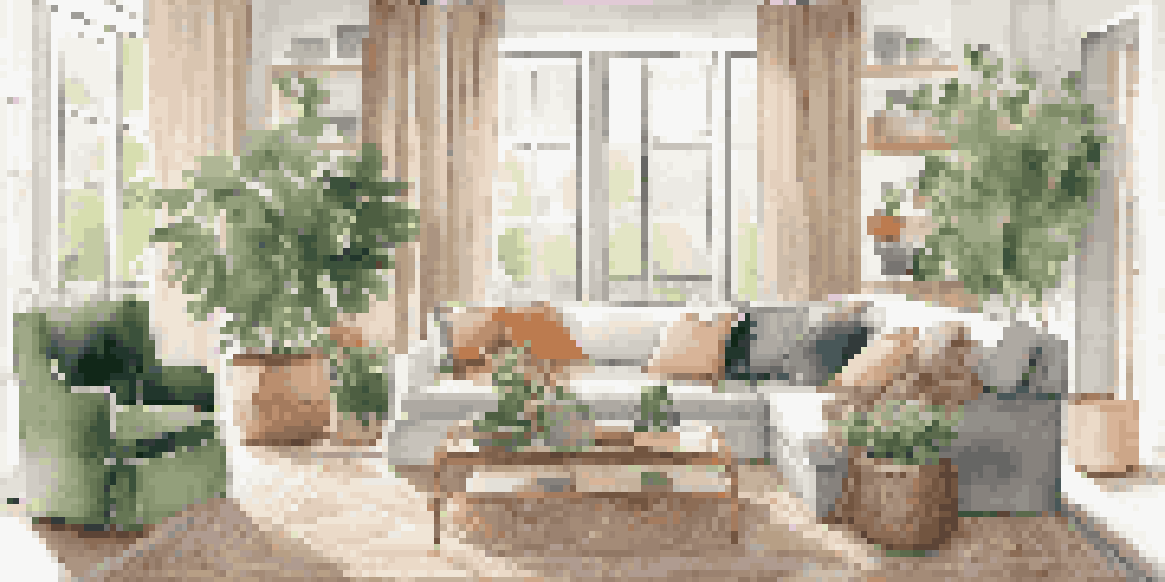 A luxurious living room with organic cotton sofa, colorful throw pillows, Tencel blanket, and natural light coming through the window.