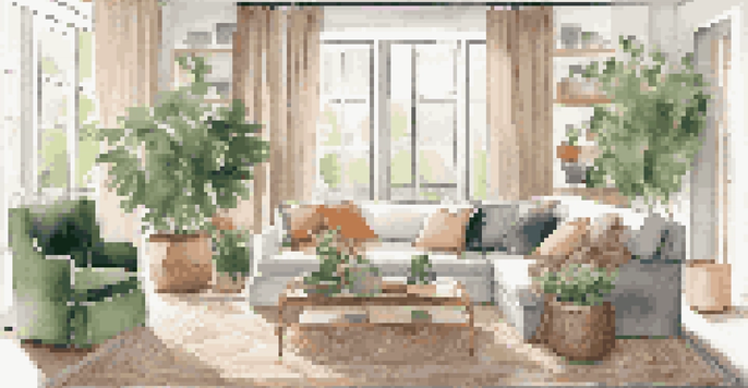 A luxurious living room with organic cotton sofa, colorful throw pillows, Tencel blanket, and natural light coming through the window.