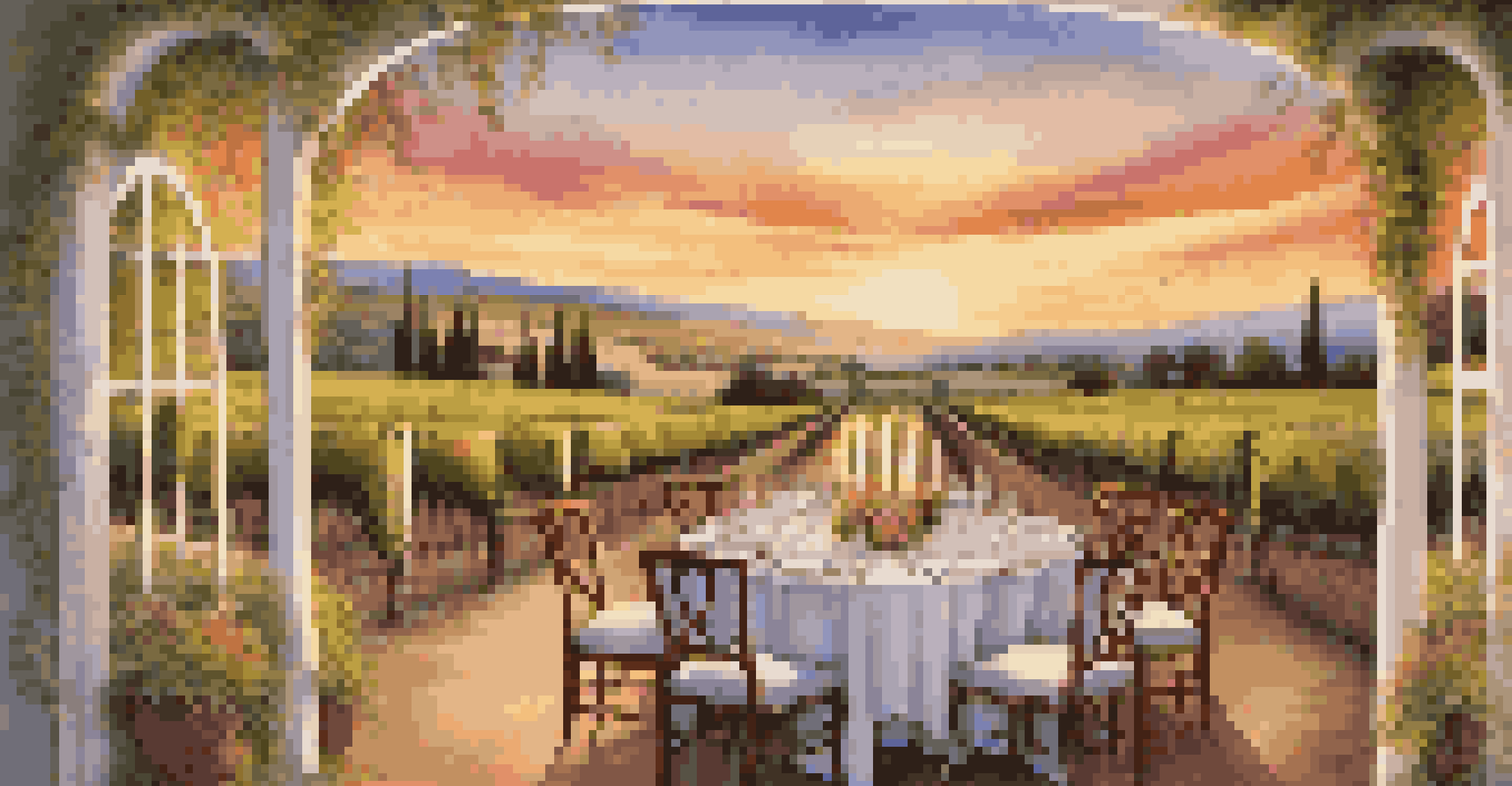 An elegant dining table in a vineyard at sunset, surrounded by grapevines and a colorful sky, showcasing gourmet dishes and fine wine.