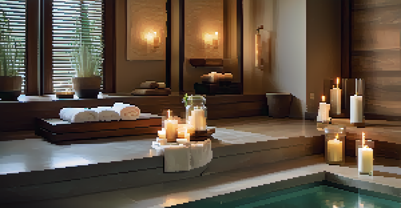 A peaceful luxury spa setting featuring a water feature, candles, and plush towels, with calming earth tones and soft lighting.