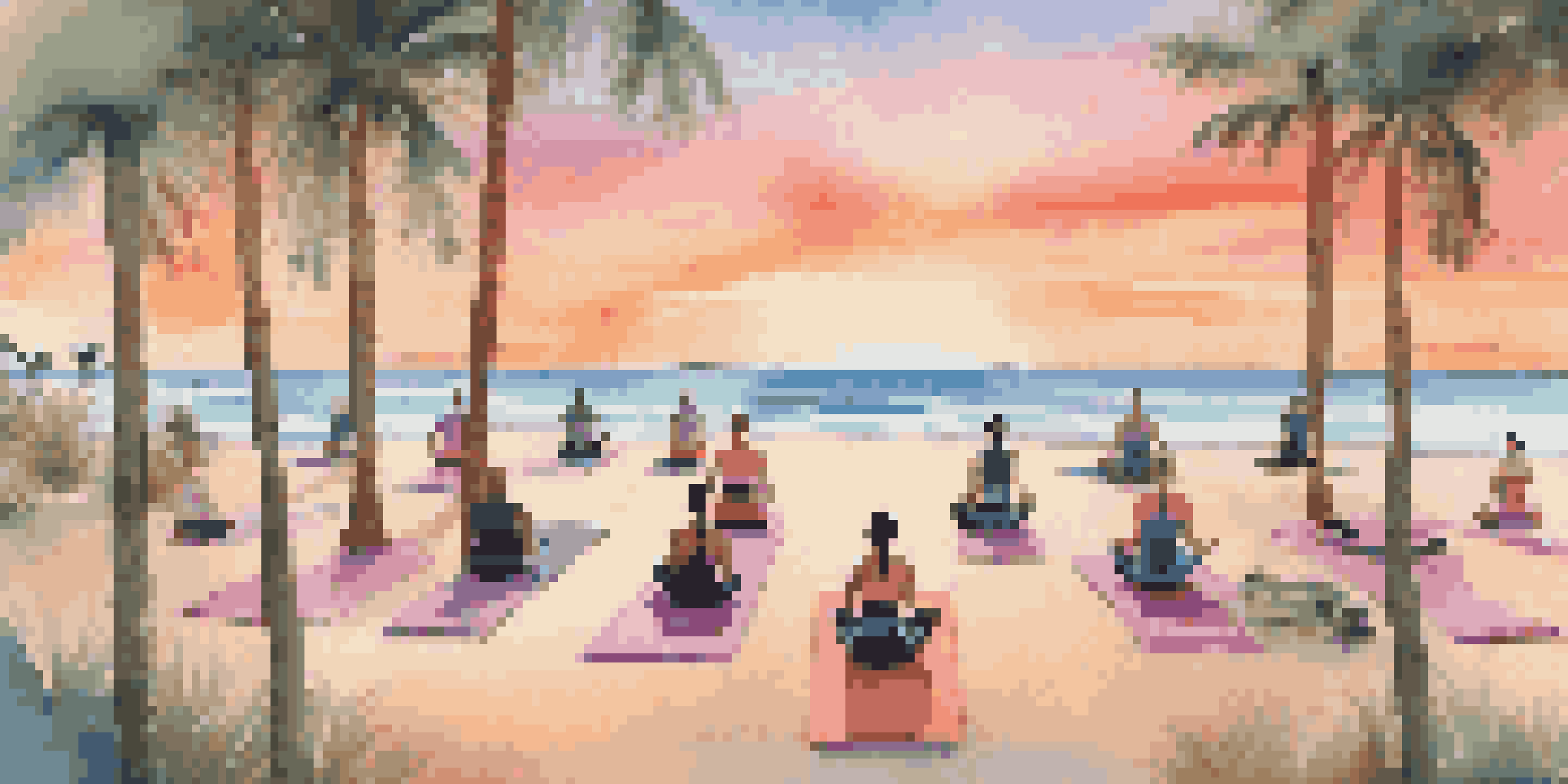 Participants practicing yoga on a beach during sunrise, surrounded by palm trees and gentle waves.