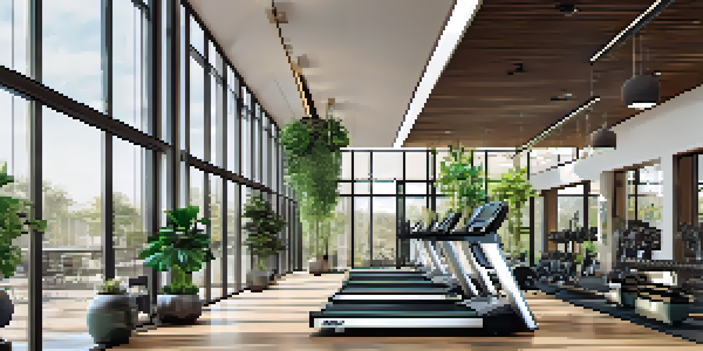 A bright and airy luxury gym with large windows, plants, and modern fitness equipment. People are exercising in a stylish environment.