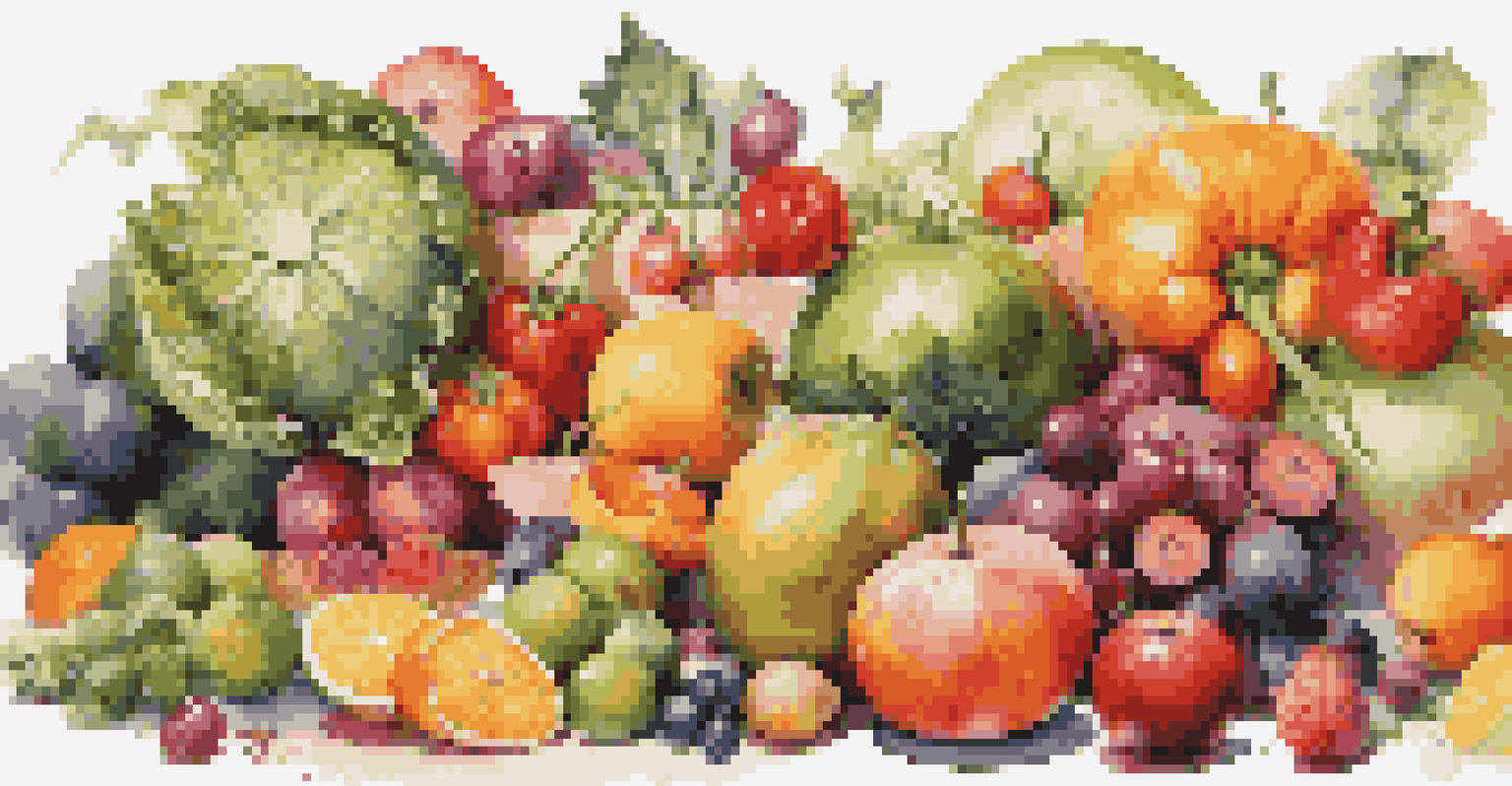 A vibrant arrangement of seasonal fruits and vegetables on a clean white background, showcasing the freshness and variety of gourmet ingredients.