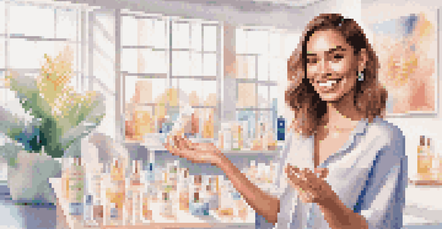 A young woman influencer in a bright studio, promoting a luxury skincare brand's charity campaign with engaging visuals in the background.