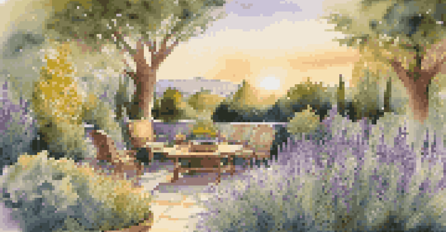 A beautiful garden filled with aromatic plants and essential oil bottles, showcasing the essence of aromatherapy.