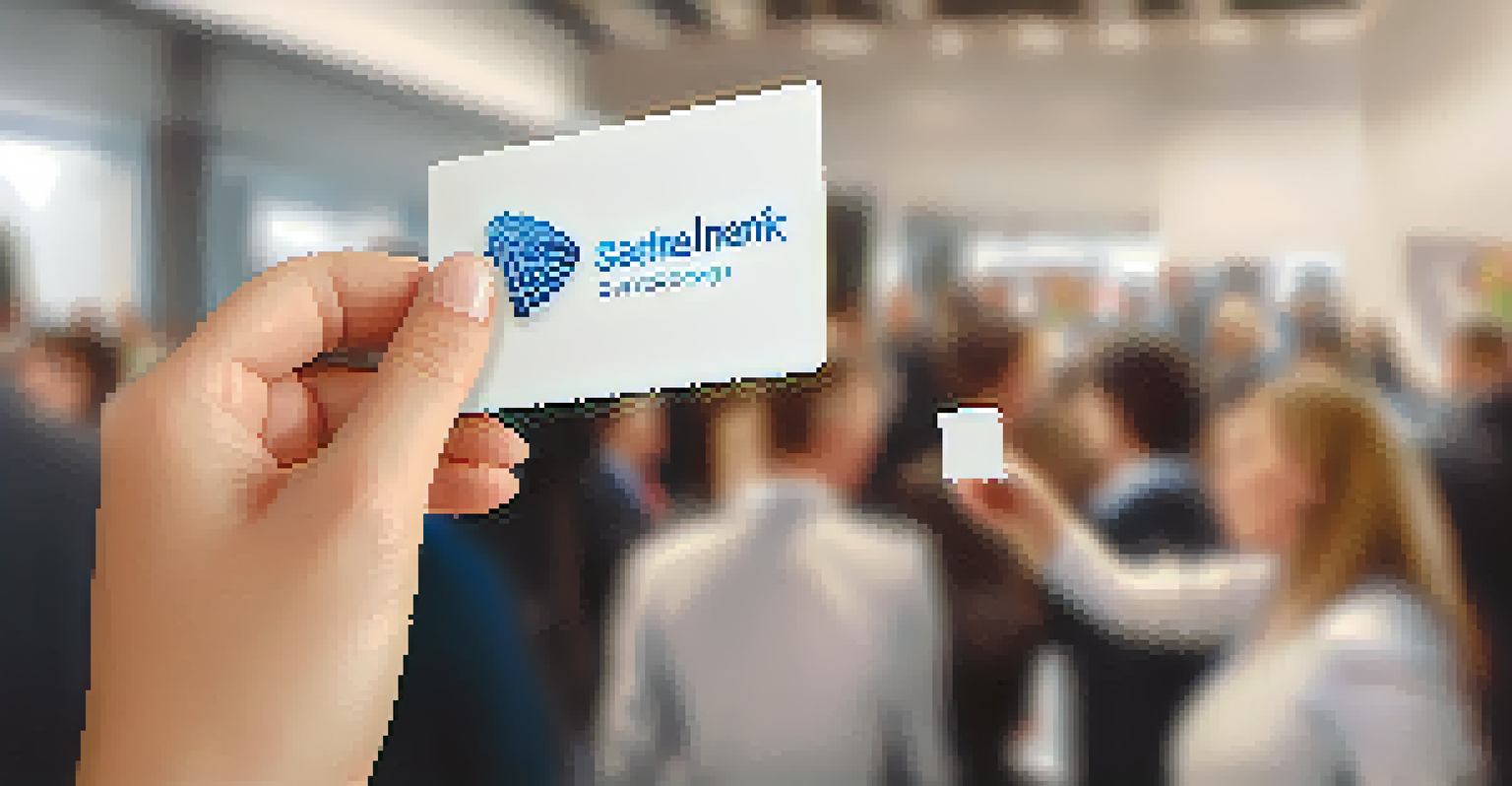 A close-up of a hand holding a business card, with people mingling in the background of a networking event.