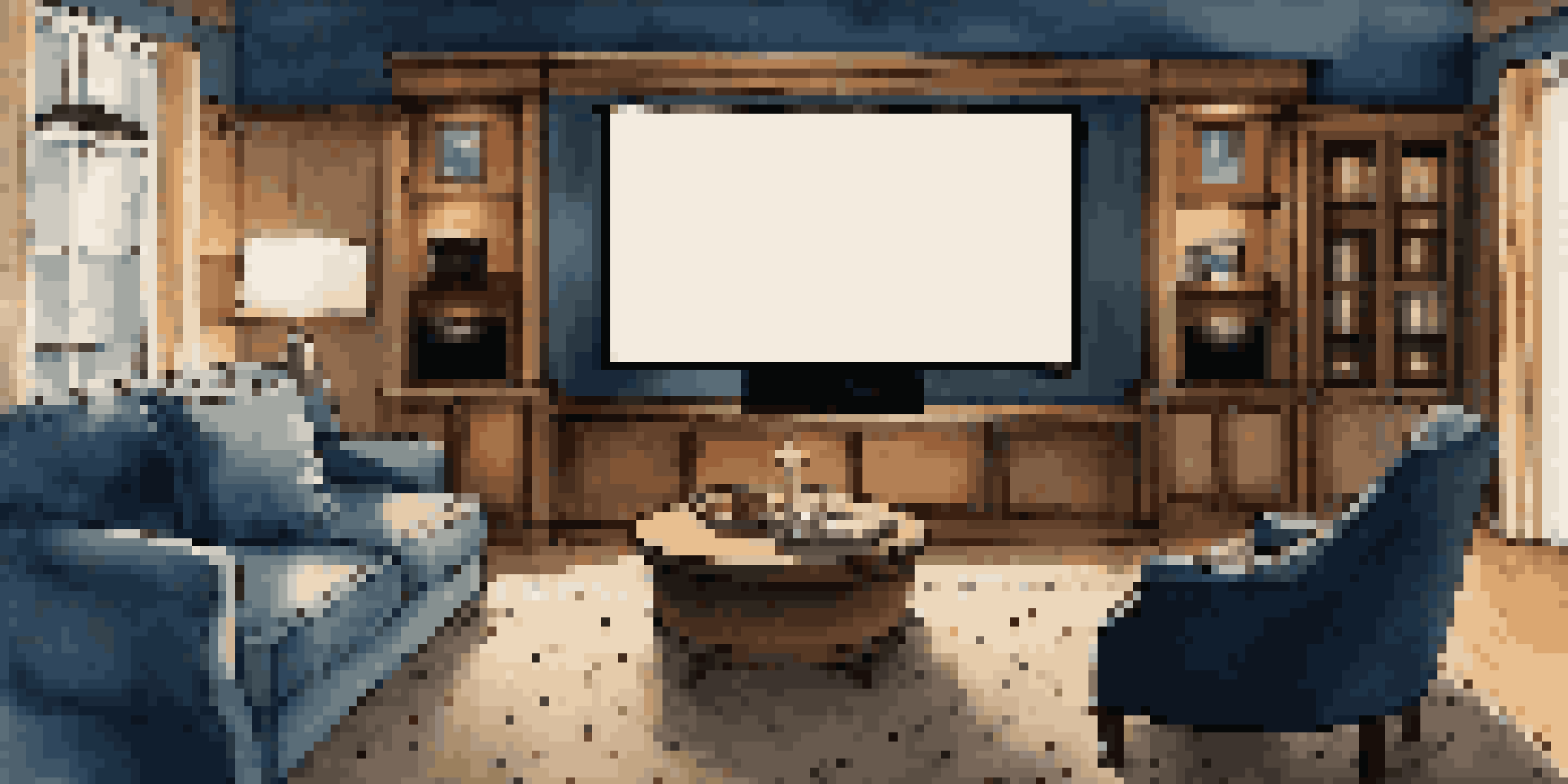 A cozy home theater with a large TV, plush seating, and ambient lighting, perfect for movie nights.