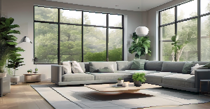 A bright and modern living room showcasing a tablet on a coffee table with home security alerts.