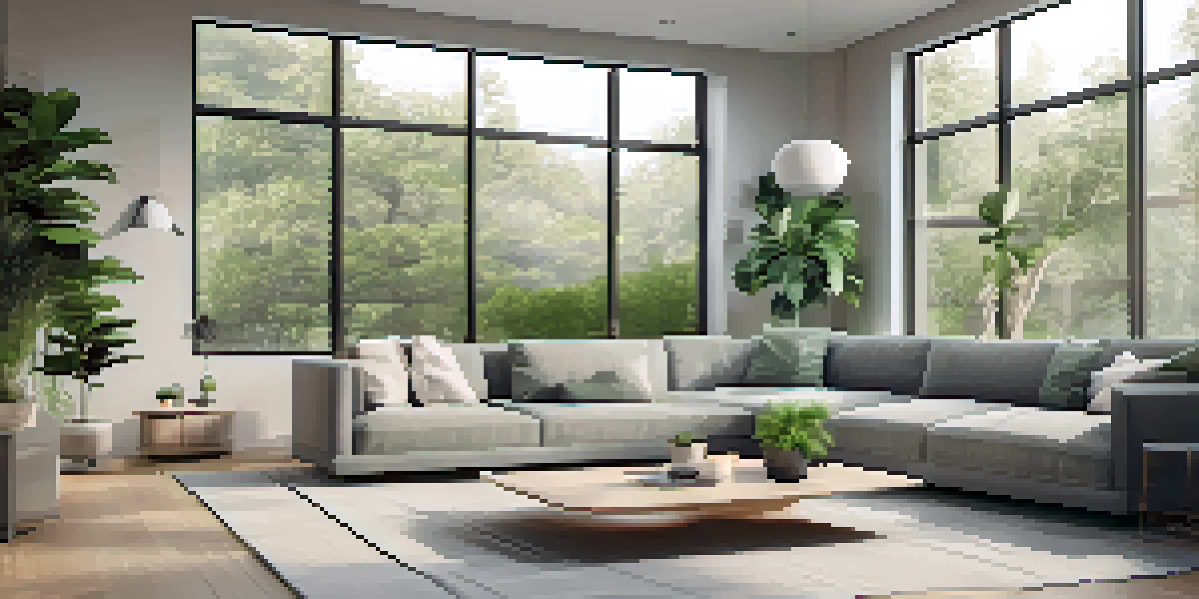 A bright and modern living room showcasing a tablet on a coffee table with home security alerts.